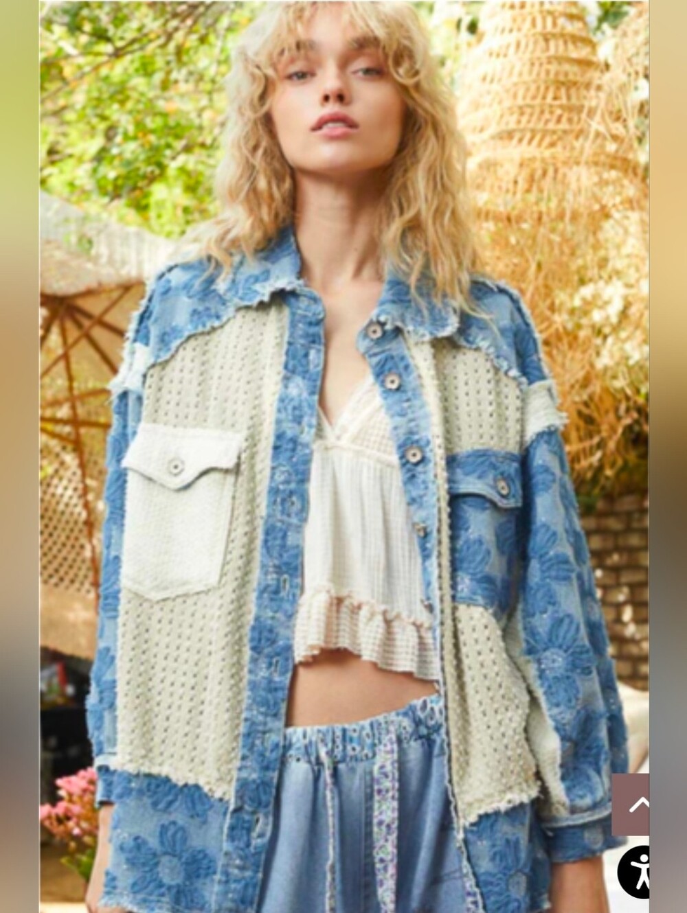 NEW!!! POL Boho Patchwork Crochet & Denim Jacket in Blue and Cream, Sz Large